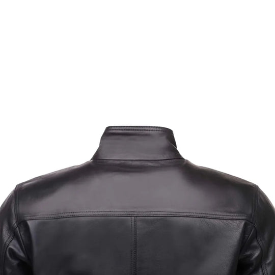 Messi Black Bomber Style Leather Jacket close up back leather panel texture