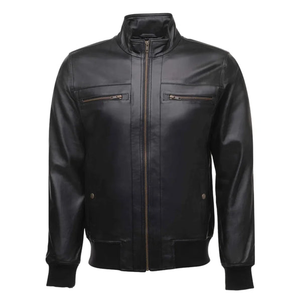 Masons Black Bomber Style Leather Jacket