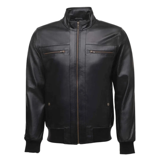 Messi Black Bomber Style Leather Jacket front view black leather bomber jacket with classic design