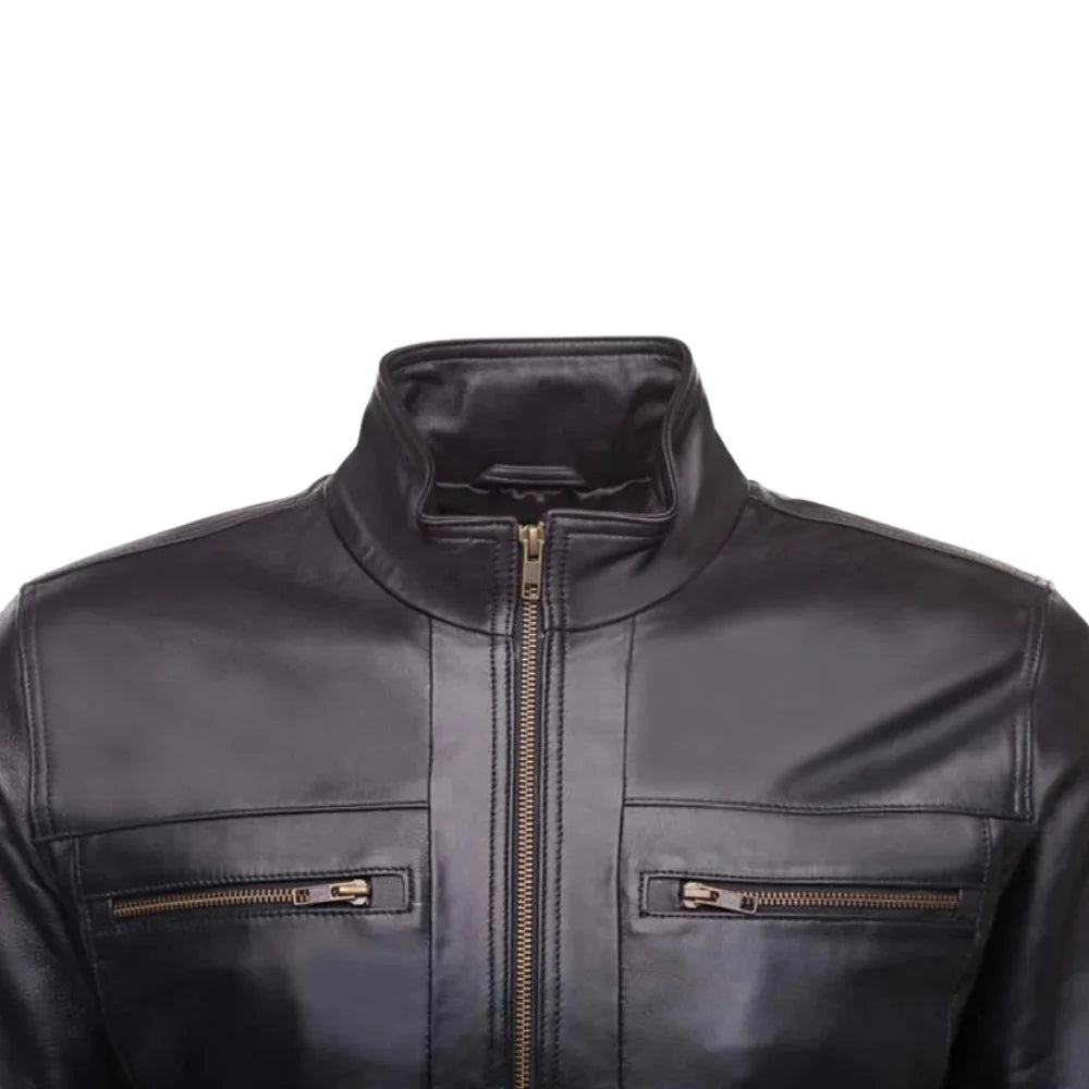 Messi Black Bomber Style Leather Jacket close up black leather texture