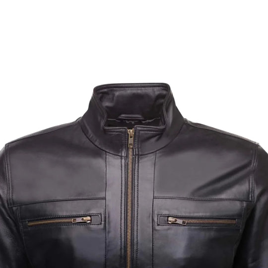 Messi Black Bomber Style Leather Jacket close up black leather texture