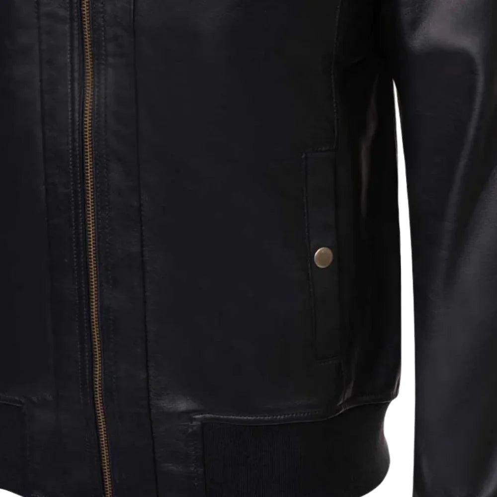 Messi Black Bomber Style Leather Jacket close up of pocket on leather bomber jacket