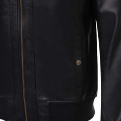 Messi Black Bomber Style Leather Jacket close up of pocket on leather bomber jacket
