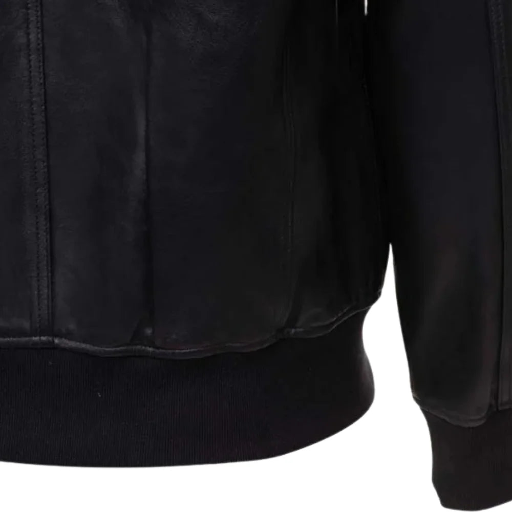 Messi Black Bomber Style Leather Jacket close up of ribbed cuffs on leather bomber jacket