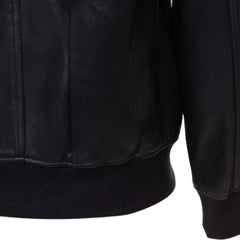 Messi Black Bomber Style Leather Jacket close up of ribbed cuffs on leather bomber jacket