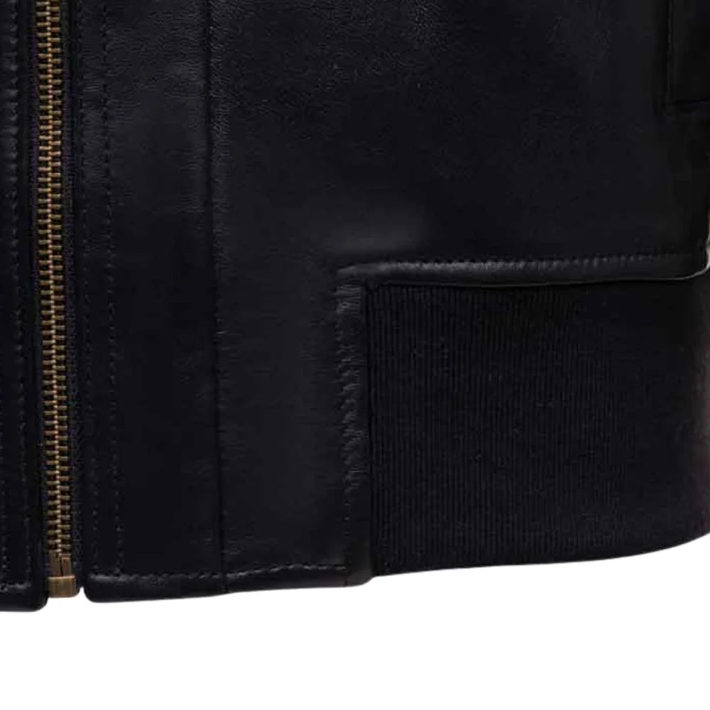 Messi Black Bomber Style Leather Jacket ribbed waistband detail black leather bomber jacket