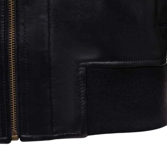 Messi Black Bomber Style Leather Jacket ribbed waistband detail black leather bomber jacket