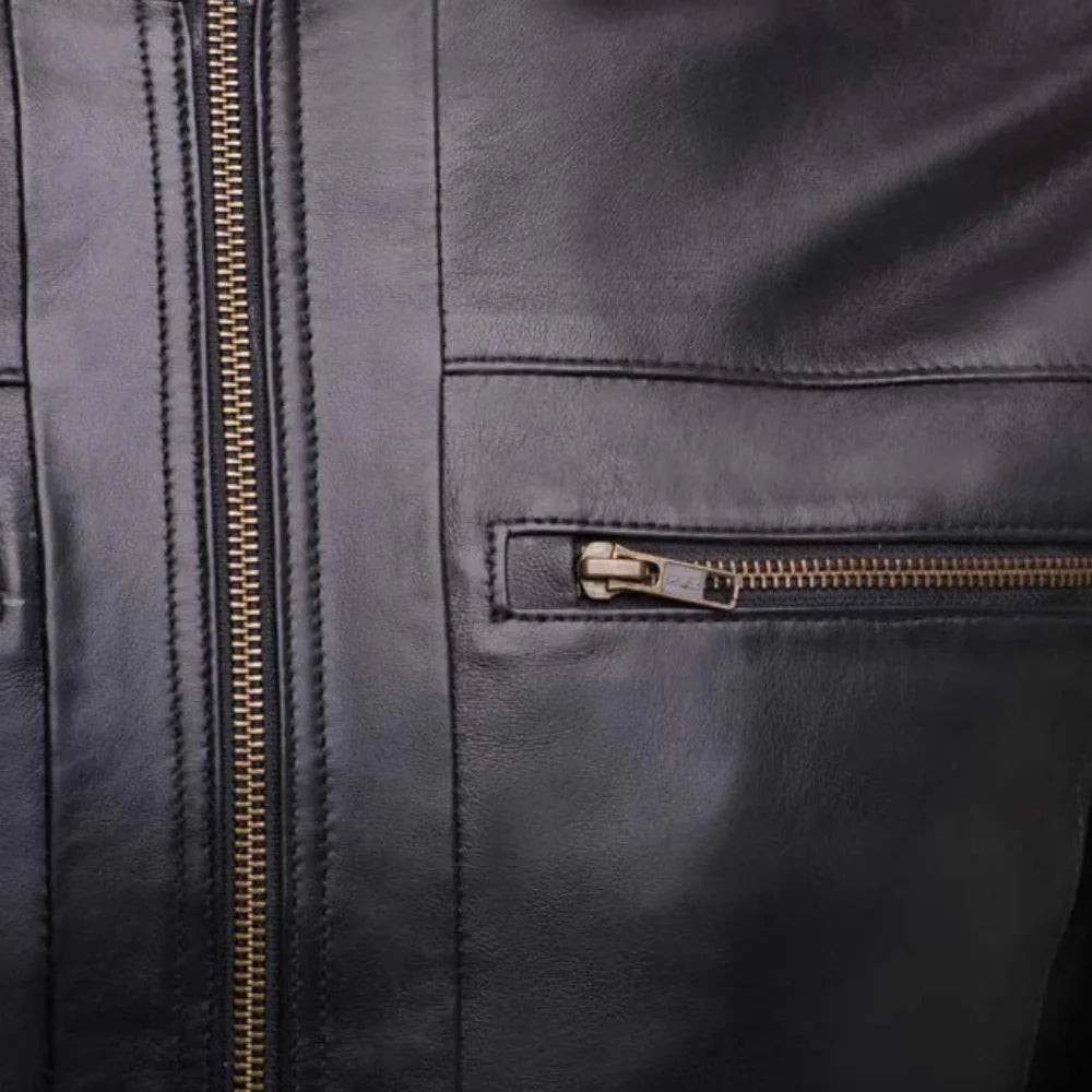 Messi Black Bomber Style Leather Jacket close up zipper on leather bomber jacket