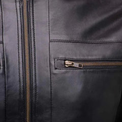 Messi Black Bomber Style Leather Jacket close up zipper on leather bomber jacket