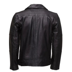 Back view of Micheals Snap Buttoned Leather Biker Jacket highlighting clean leather panels