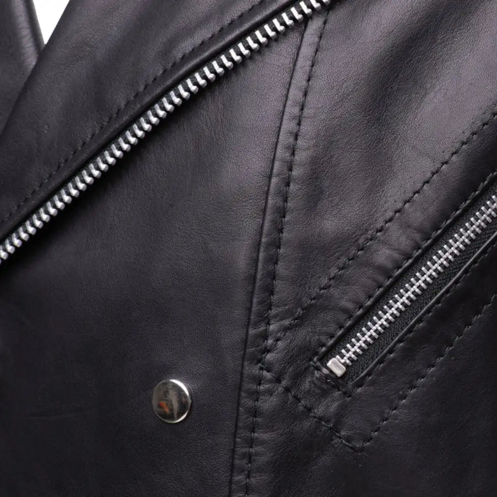 Closeup of metal zipper hardware on Micheals Snap Buttoned Leather Biker Jacket