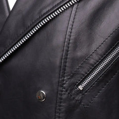 Closeup of metal zipper hardware on Micheals Snap Buttoned Leather Biker Jacket