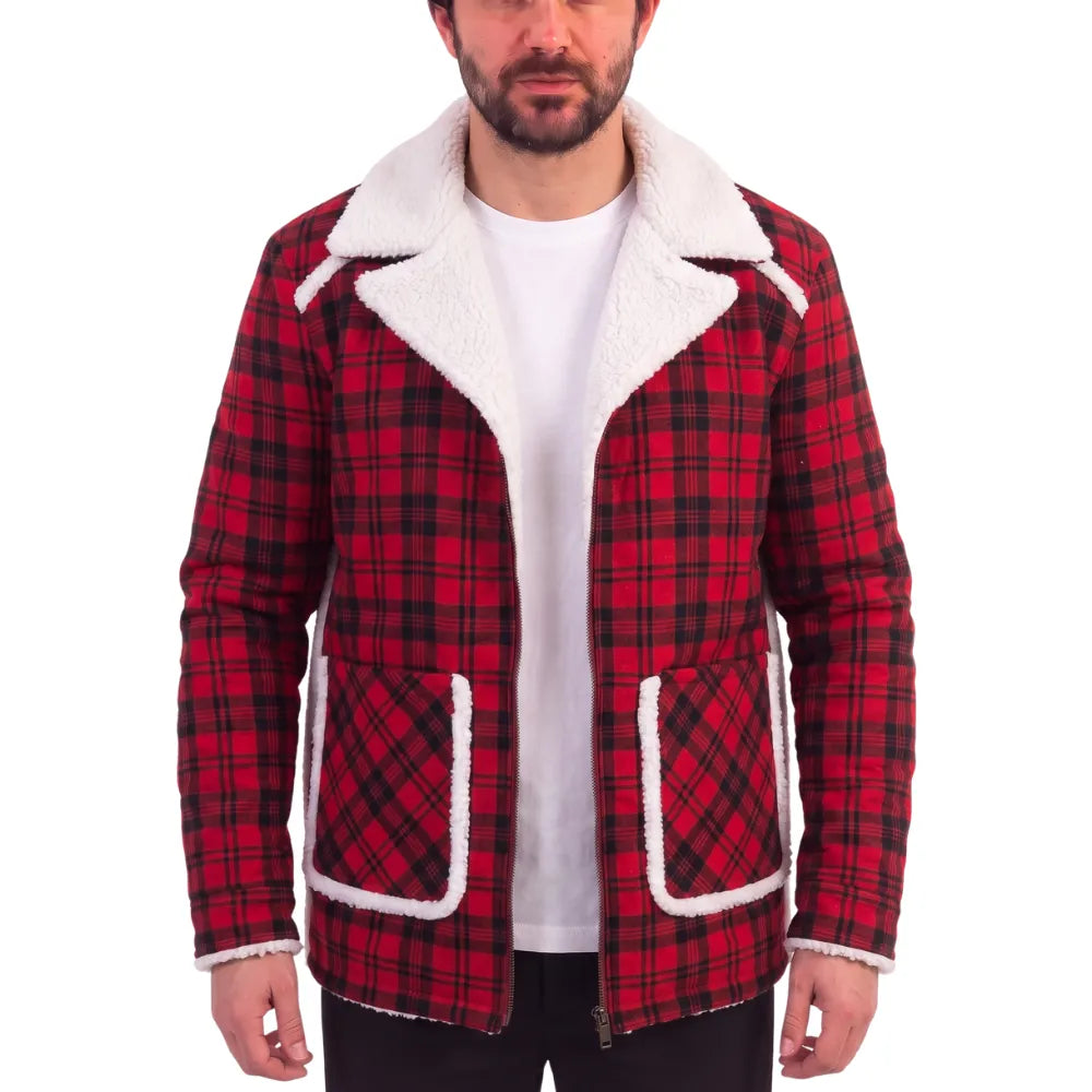 Ryan Reynold's Red and Black  Checkered Jacket with Faux Shearling