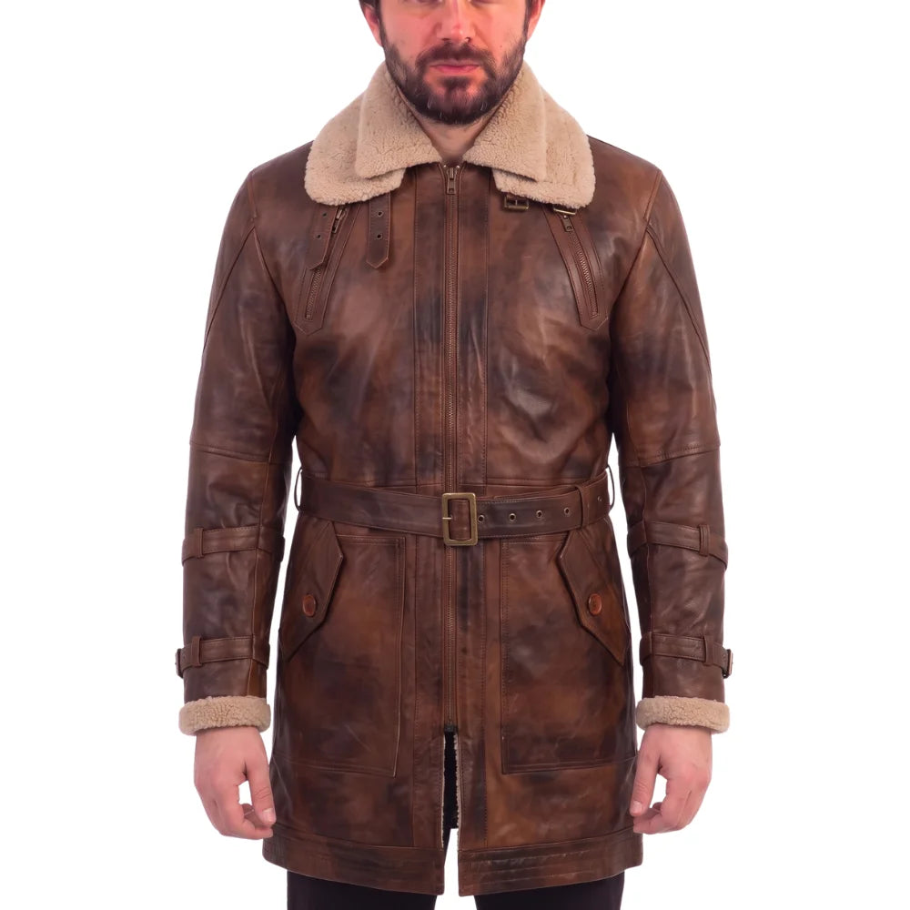 Vintage Rust 3/4 Leather Trench coat with Sherpa Lining