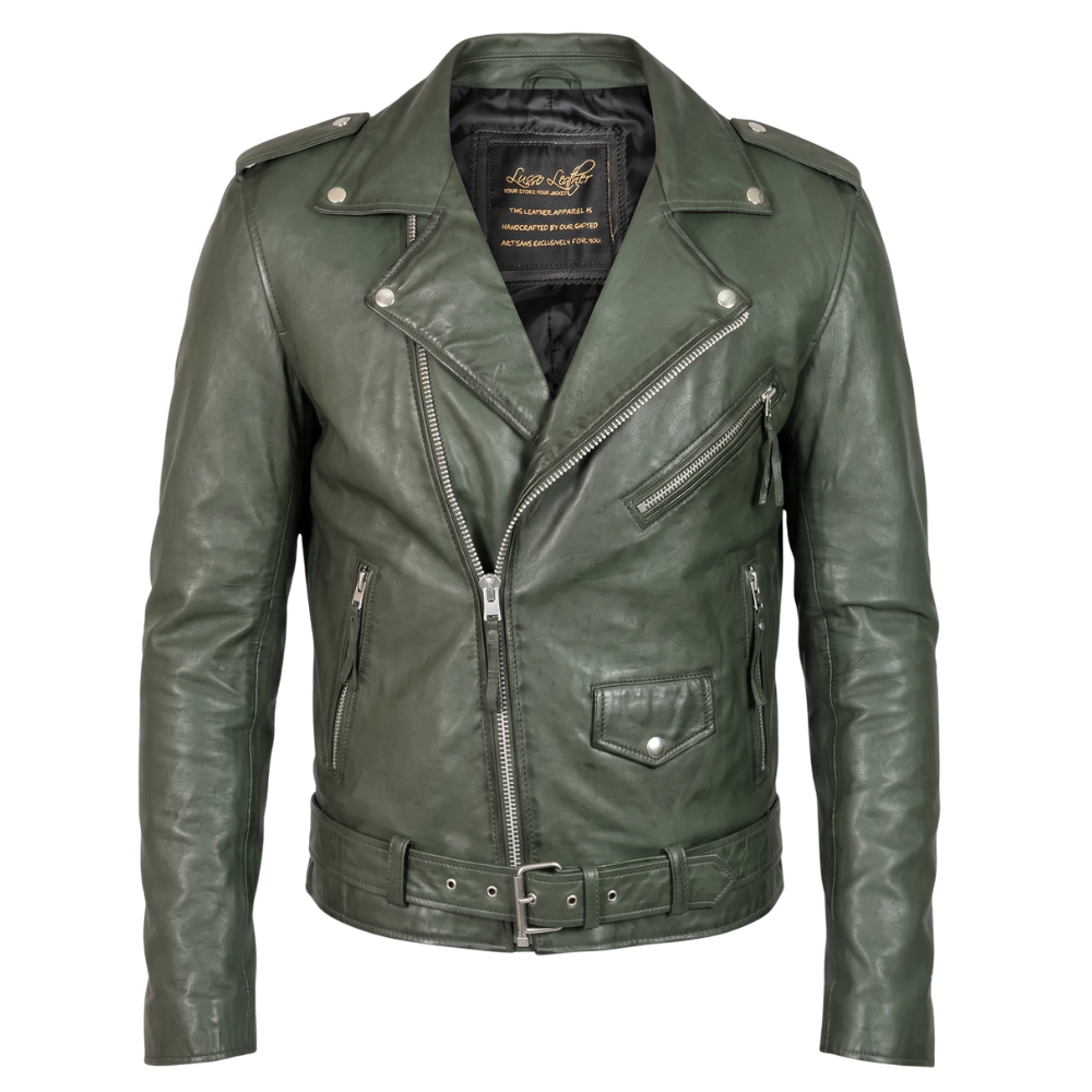 Sergeant Olive Green Belted Leather Biker Jacket
