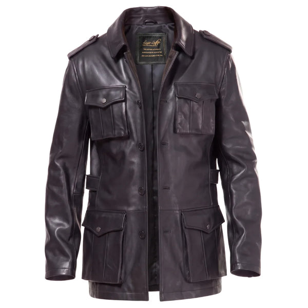 Black leather buttoned up coat