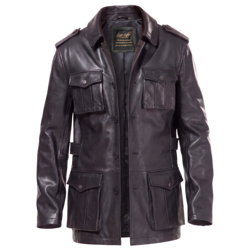 Black leather buttoned up coat
