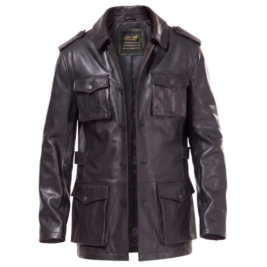 Black leather buttoned up coat