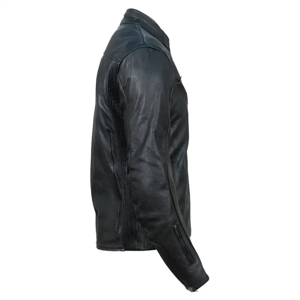 Side view of the Road Raptor leather jacket showing reinforced lumbar support and large accordion stretch panels for an aggressive riding stance.