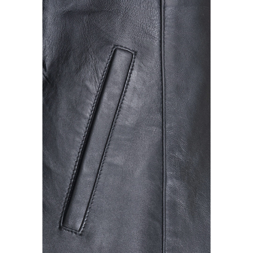 Close-up of a black winter coat with stitching pocket detail on a white background.