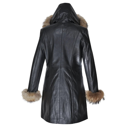 Back view of the Natalie black winter coat highlighting the tailored waist and full-length insulated silhouette.
