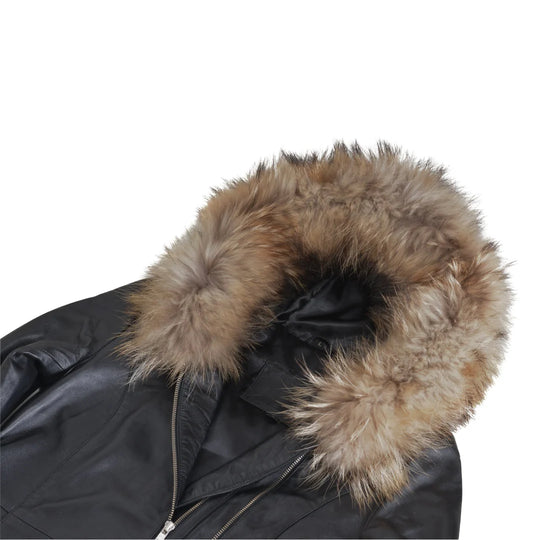 Black winter coat with a fur-lined hood on a white background.