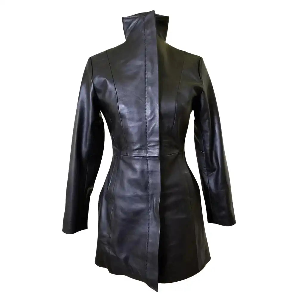 Front full closed view of Nelly's women's long leather coat on a mannequin, featuring double wind flaps and a button-down closure.
