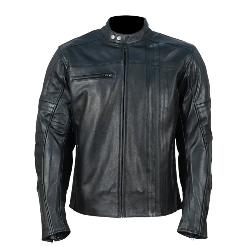 Front view of Owen's Streamline racer jacket in premium black leather, featuring a sleek, minimalist chest design and a secure center-zip closure.