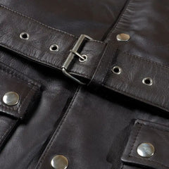Parker Black Belted Leather Jacket with Large Pockets back close up leather jacket panel