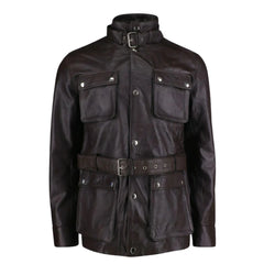 Parker Black Belted Leather Jacket with Large Pockets front view black leather jacket with waist belt and large pockets