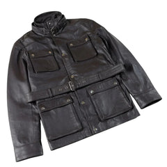 Parker Black Belted Leather Jacket with Large Pockets side view leather jacket with waist belt