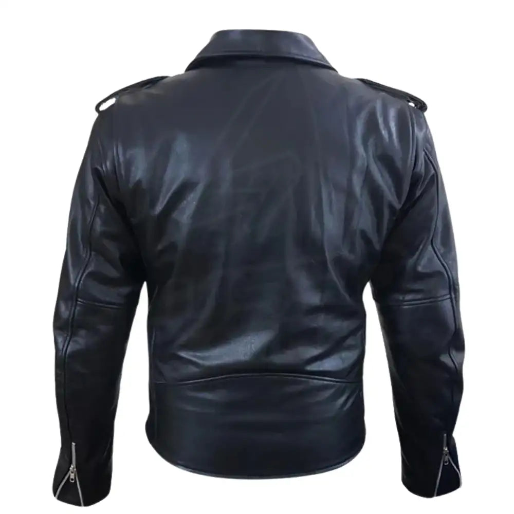 Rear view of the Perfect Biker Style Heavy Leather Biker Jacket showing the clean cowhide back panel and bi-swing action shoulders for riding comfort.
