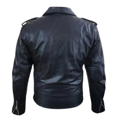 Rear view of the Perfect Biker Style Heavy Leather Biker Jacket showing the clean cowhide back panel and bi-swing action shoulders for riding comfort.