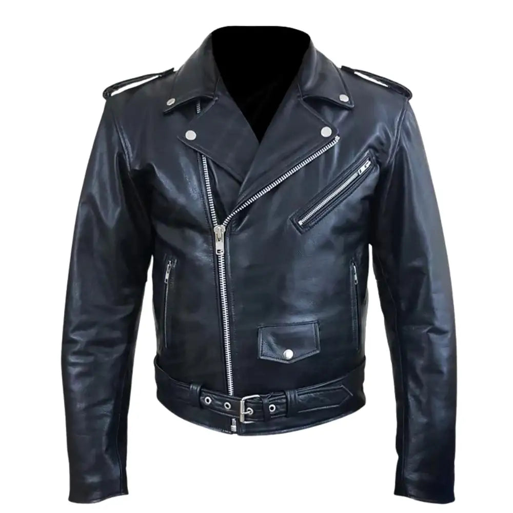Front view of the Perfect Biker Style Heavy Leather Biker Jacket featuring the iconic asymmetrical crossover zipper and wide lapels with silver snap buttons.
