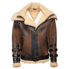 Front view of Richard's Vintage Distressed Brown Aviator Bomber Shearling Jacket, featuring the full shearling lining and high-quality distressed leather material.