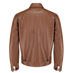 Back view model wearing Pierre Brown Leather Jacket