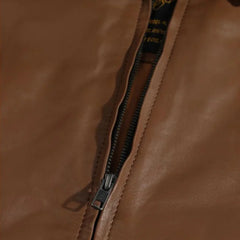 Pierre Brown Leather Jacket close up zipper on brown leather jacket
