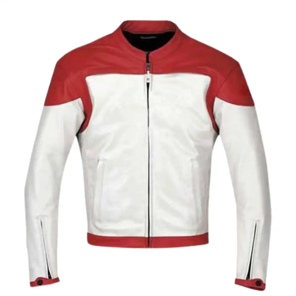 Plain Red & White Armored Leather Motorcycle Jacket