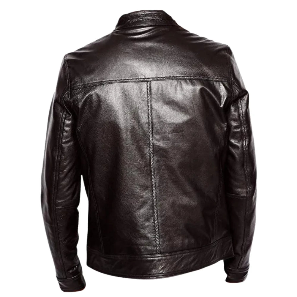 Plain Black Moto Style Jacket back view black leather moto jacket with clean back panel