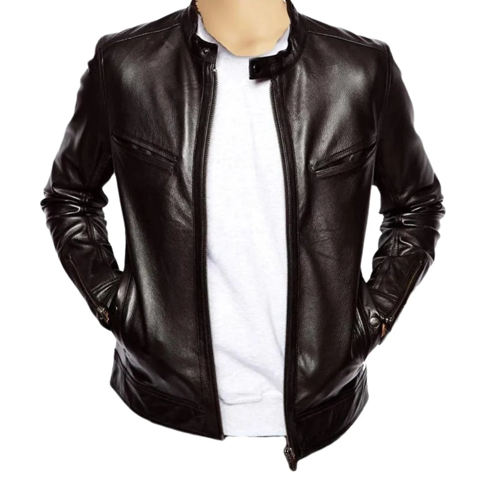 Plain Black Moto Style Jacket front view black leather moto jacket with clean minimalist design