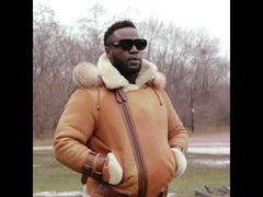 Rocco Vintage Cognac Aviator bomber shearling jacket with Fox trim hoodie