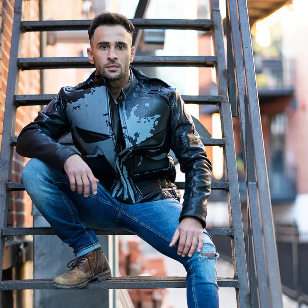 A male model wearing the Punisher's leather motorcycle jacket while standing next to a cruiser bike, showcasing the jacket's fit and aggressive style.