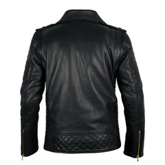 Quilted Leather Biker Jacket back view black leather biker jacket with quilted panel detail