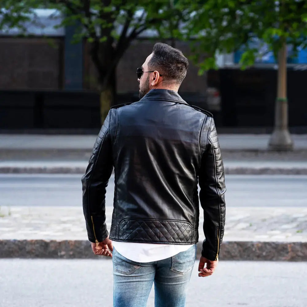 Model wearing Quilted Leather Biker Jacket back view black leather biker jacket