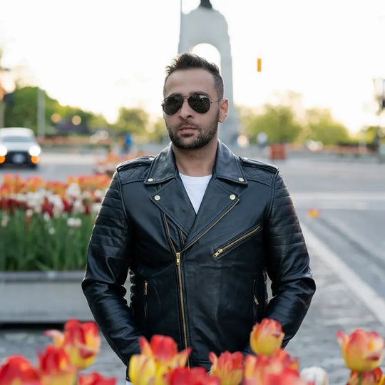 Model wearing Quilted Leather Biker Jacket black leather motorcycle jacket outfit