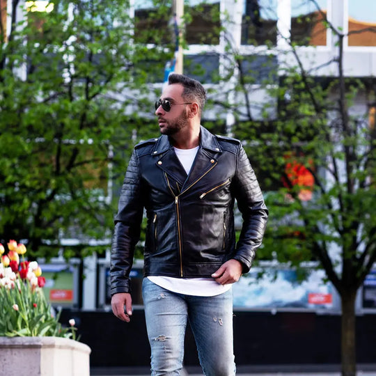 Model styling Quilted Leather Biker Jacket classic leather biker jacket look