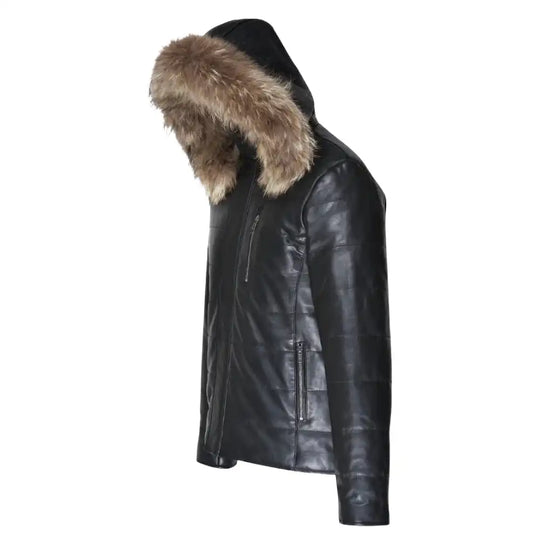 Raven Black Hooded Leather Puffer Jacket