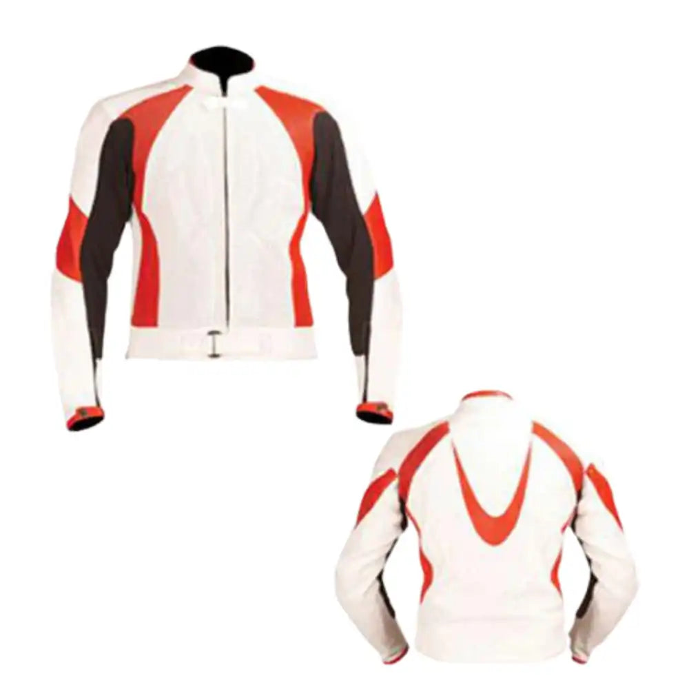 Front & Rearview of a red and white armored leather motorcycle jacket featuring high-visibility panels and integrated CE-rated shoulder sliders.