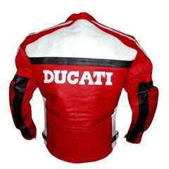 Rear view of the red Ducati leather jacket highlighting the large logo across the shoulders and the protective aerodynamic speed hump.
