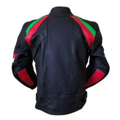 Rear view of the red, green, and black leather jacket highlighting the aerodynamic speed hump and reinforced spinal protector.